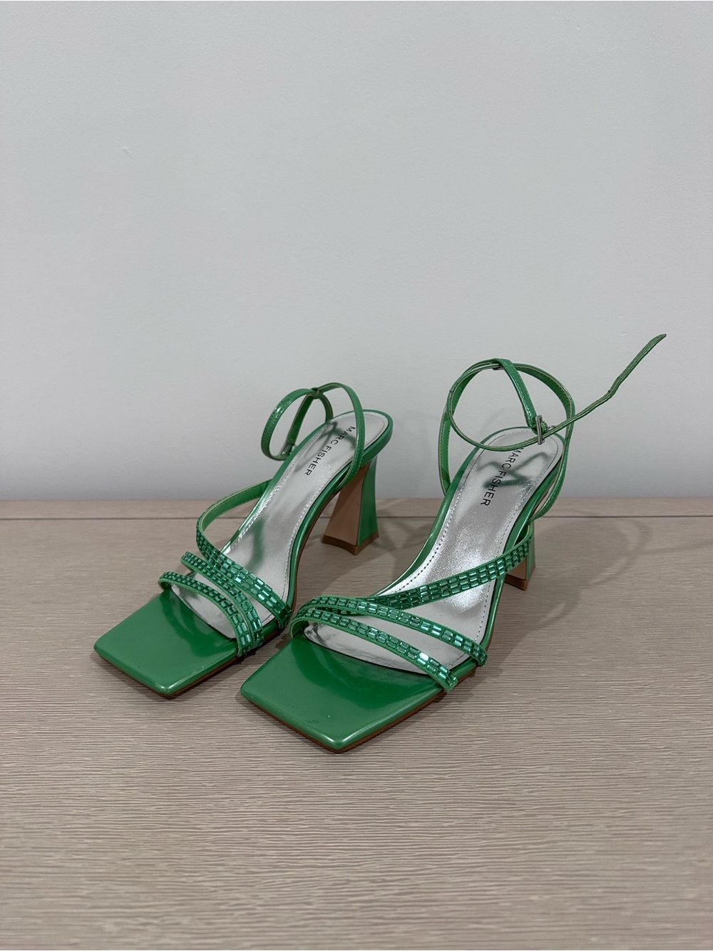 Marc Fisher Green Patent Strappy Block Heel Sandals